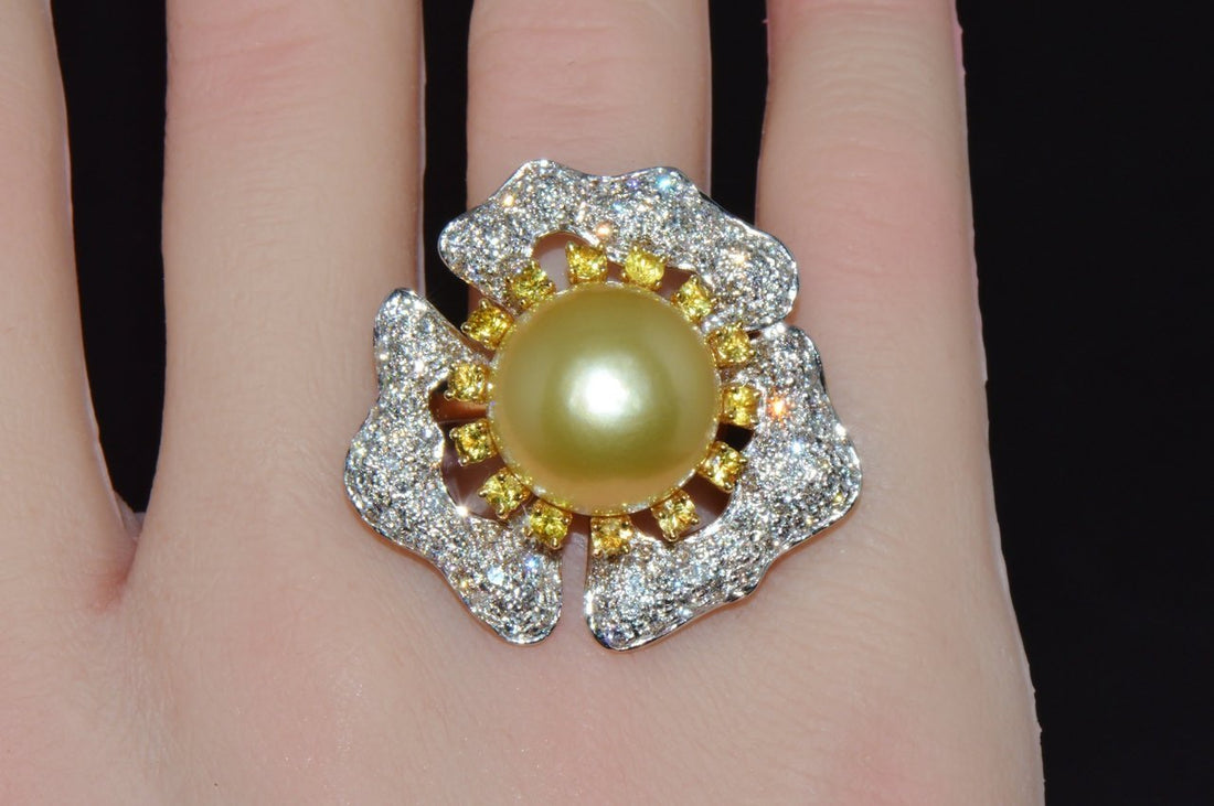 Certified Natural 26Cts VS F Diamond 15MM South Sea Pearl Sapphire 18K Solid Gold Floral Cluster Ring