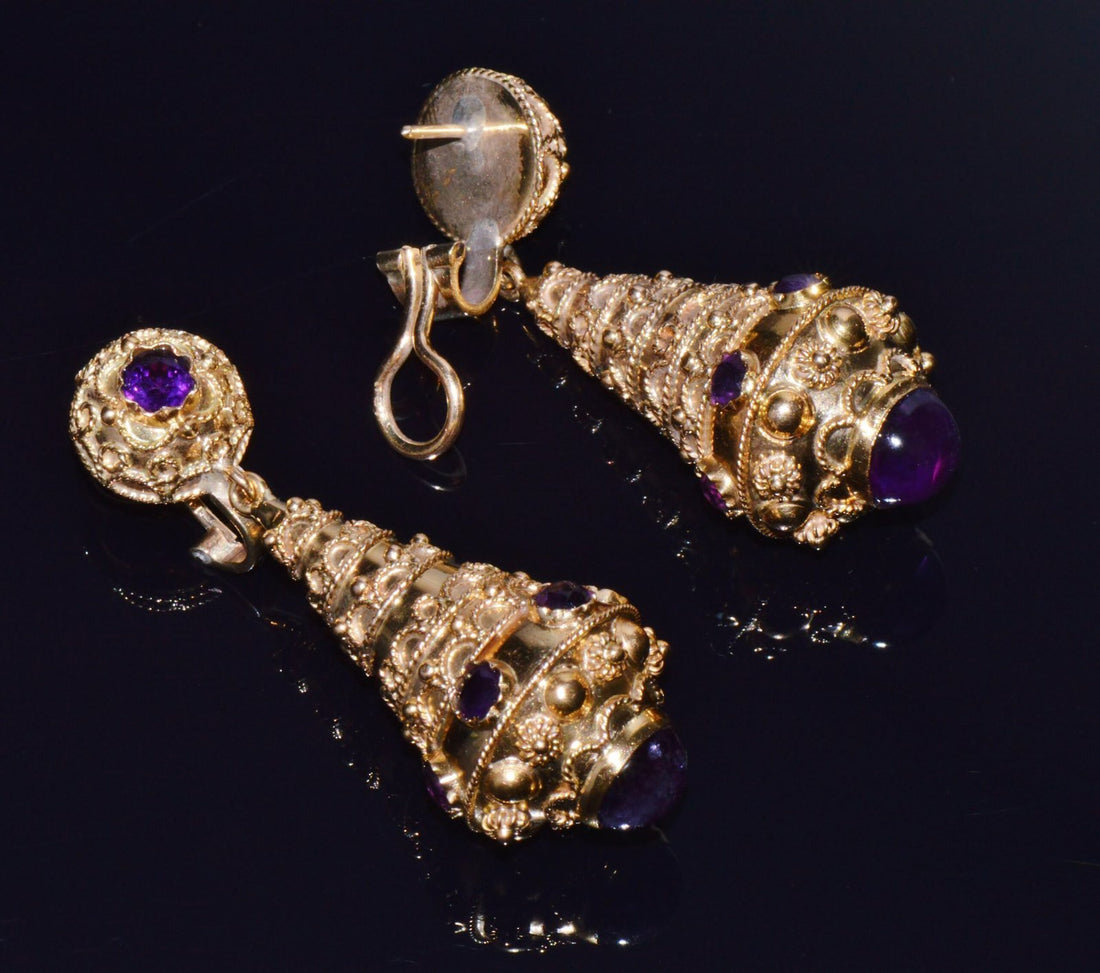 Gorgeous Italian Etruscan Revival 18K 750 Solid Gold Amethyst Dangle Chandelier Earrings