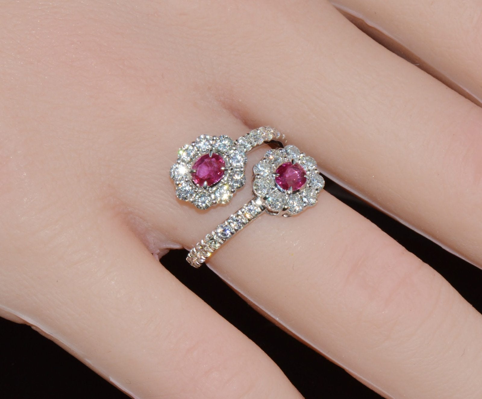 Certified Natural 2.08CTS Ruby Diamond Floral Bypass Halo Solid 18K White Gold Ring