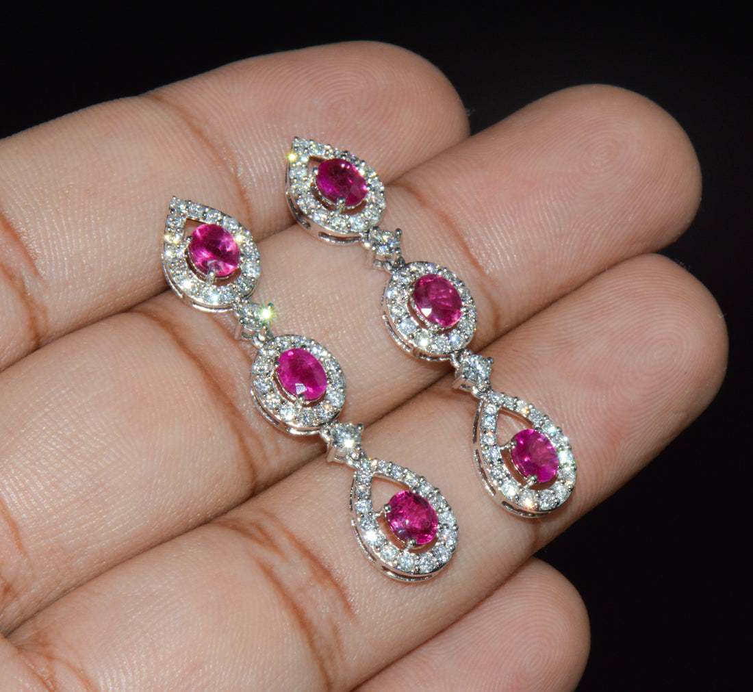 GIA 3.99CTW Natural Burma Ruby & Diamond 18K White Gold Dangle Earrings