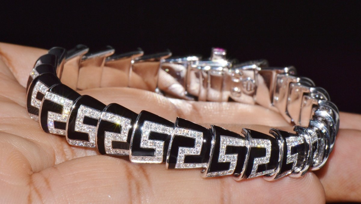 Rare Roberto Coin Cobra 1.78CT Diamond & Black Enamel Bracelet in Solid 18K White Gold