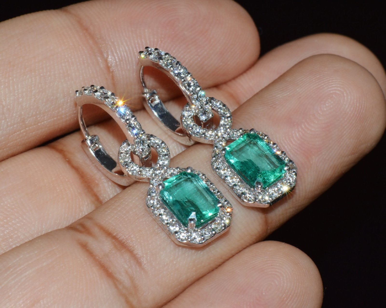 GIA Natural 4.12Cts VS F Diamond Emerald 18K Solid Gold Dangle Hoop 2-IN-1 Earrings