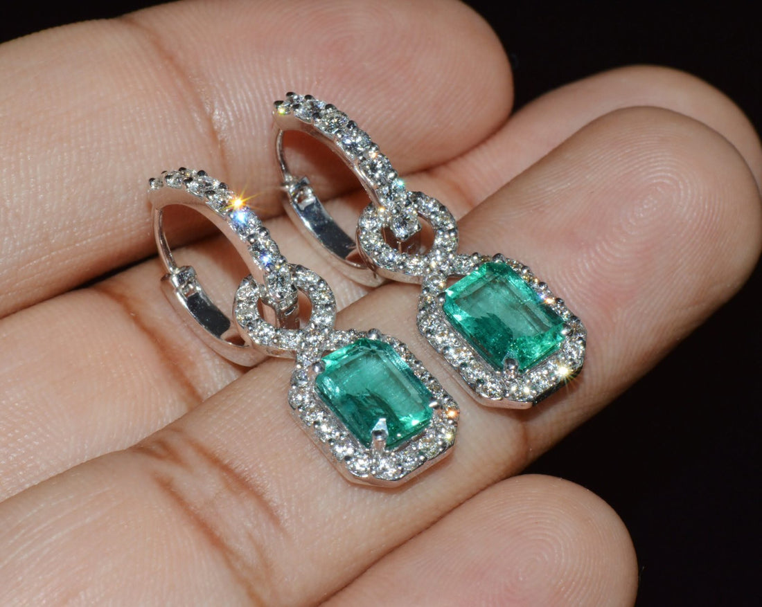 GIA Natural 4.12Cts VS F Diamond Emerald 18K Solid Gold Dangle Hoop 2-IN-1 Earrings
