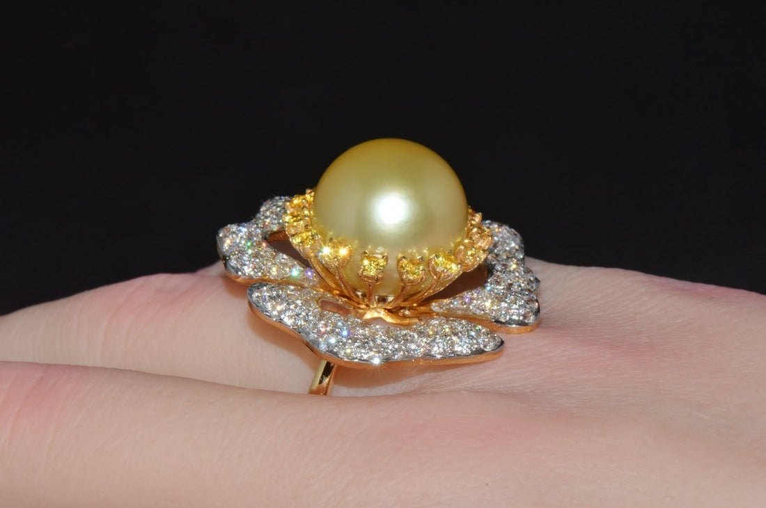 Certified Natural 26Cts VS F Diamond 15MM South Sea Pearl Sapphire 18K Solid Gold Floral Cluster Ring