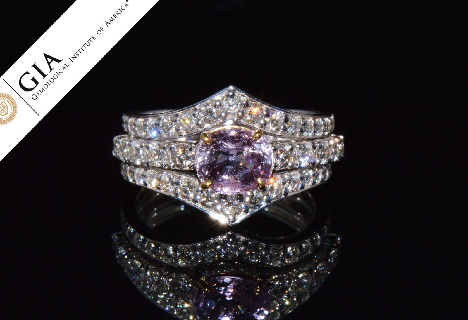Set of Three GIA Natural 2.94CTS VS F Diamond Pink Purple Sapphire 18K Gold Stacking Rings