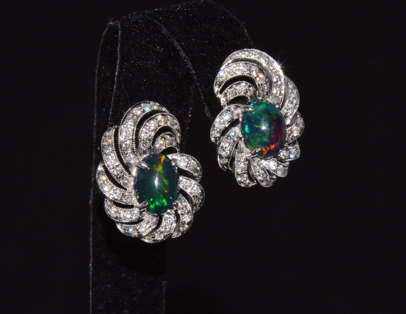 Certified Natural 3.45Cts VS F Diamond Black Opal 18K Solid Gold Cocktail Swirl Earrings