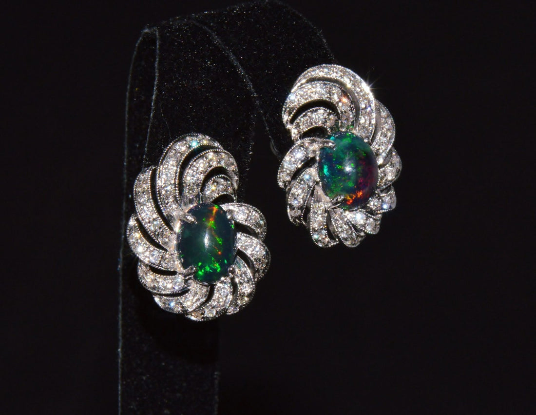 Certified Natural 3.45Cts VS F Diamond Black Opal 18K Solid Gold Cocktail Swirl Earrings