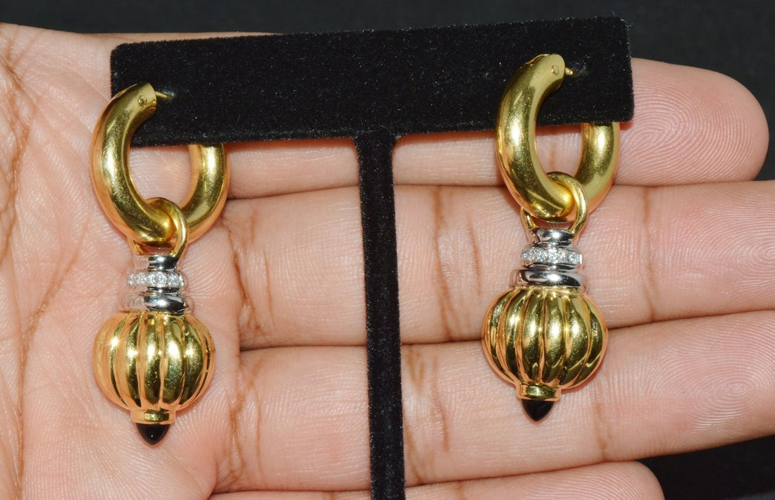 Vintage Italian Nuvola Oro Diamond Onyx 750 18K Gold 2-IN-1 Hoop Dangle Earrings