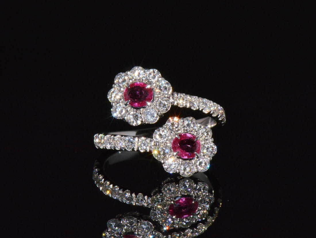 Certified Natural 2.08CTS Ruby Diamond Floral Bypass Halo Solid 18K White Gold Ring