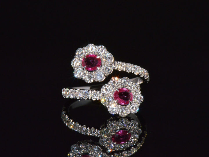 Certified Natural 2.08CTS Ruby Diamond Floral Bypass Halo Solid 18K White Gold Ring