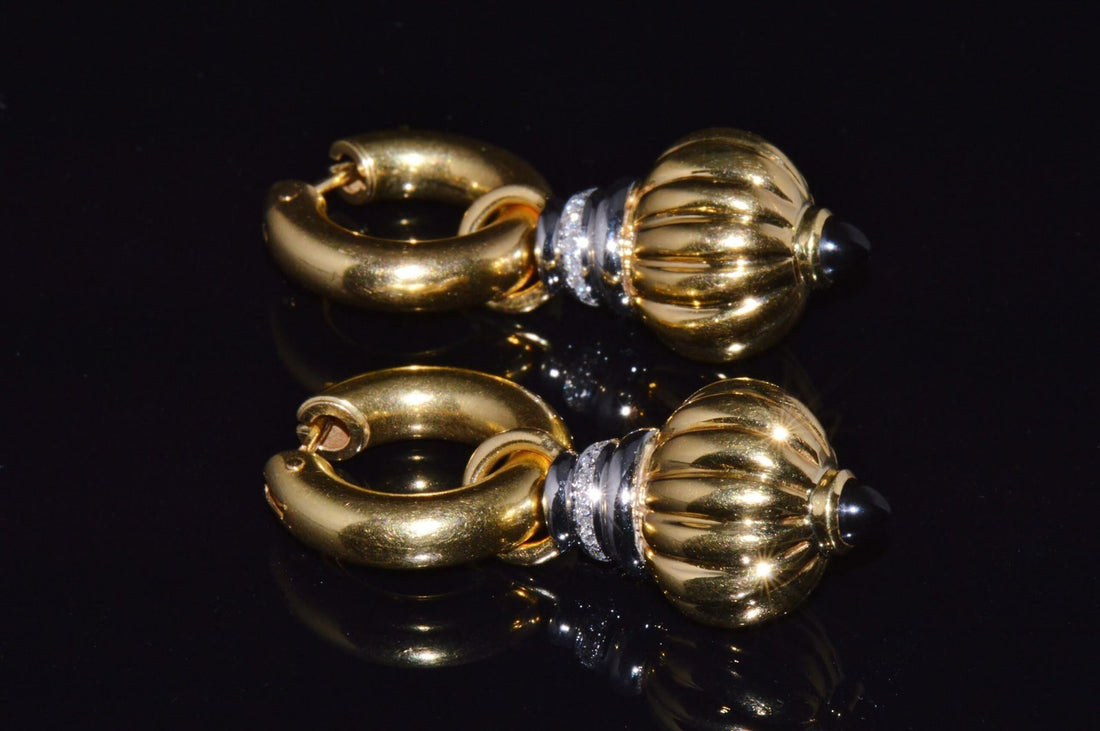 Vintage Italian Nuvola Oro Diamond Onyx 750 18K Gold 2-IN-1 Hoop Dangle Earrings