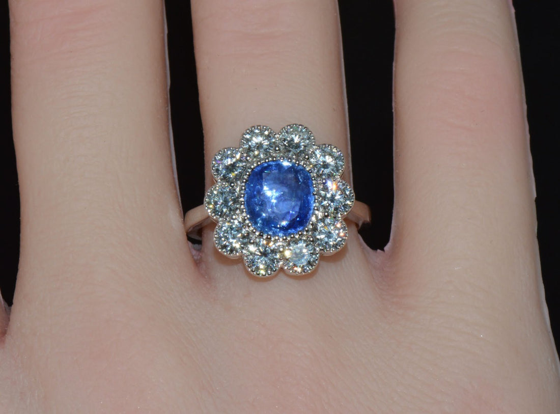 GIA Natural 3.78CTS VS F Diamond Royal Blue Sapphire 18K Gold Dinner Halo Ring
