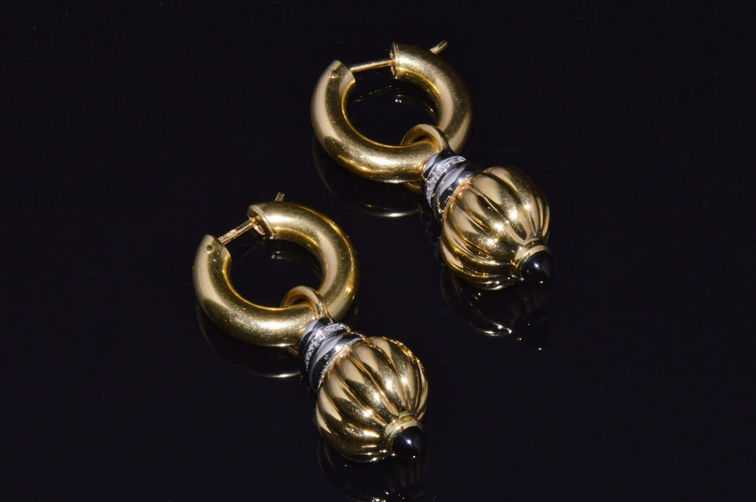 Vintage Italian Nuvola Oro Diamond Onyx 750 18K Gold 2-IN-1 Hoop Dangle Earrings