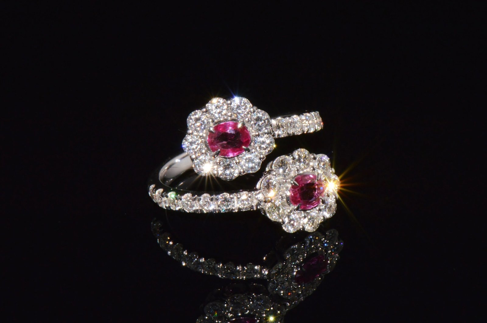 Certified Natural 2.08CTS Ruby Diamond Floral Bypass Halo Solid 18K White Gold Ring