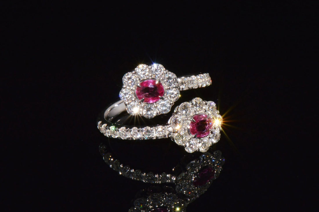 Certified Natural 2.08CTS Ruby Diamond Floral Bypass Halo Solid 18K White Gold Ring