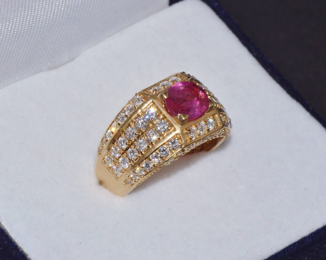 Certified Natural 2.81Cts VS F Diamond Vivid Red Ruby 18K Solid Gold Cigar Ring Band