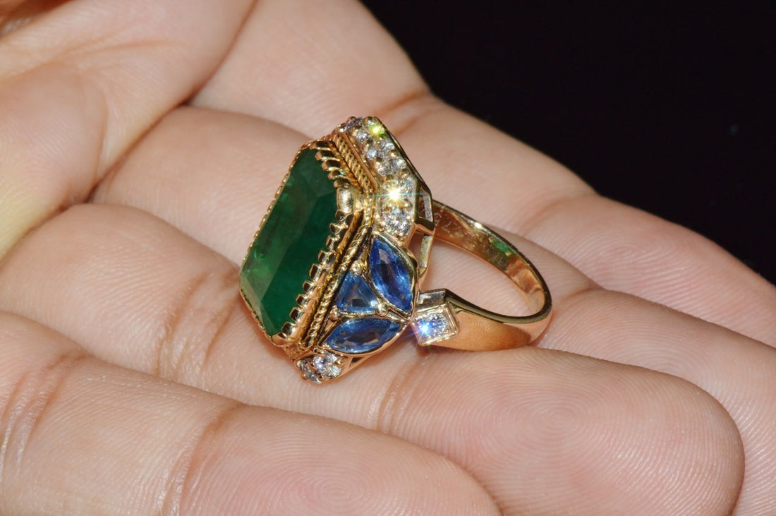 GIA Certified Natural 12.80CTS Emerald Sapphire Diamond 18K Solid Gold Cocktail Ring