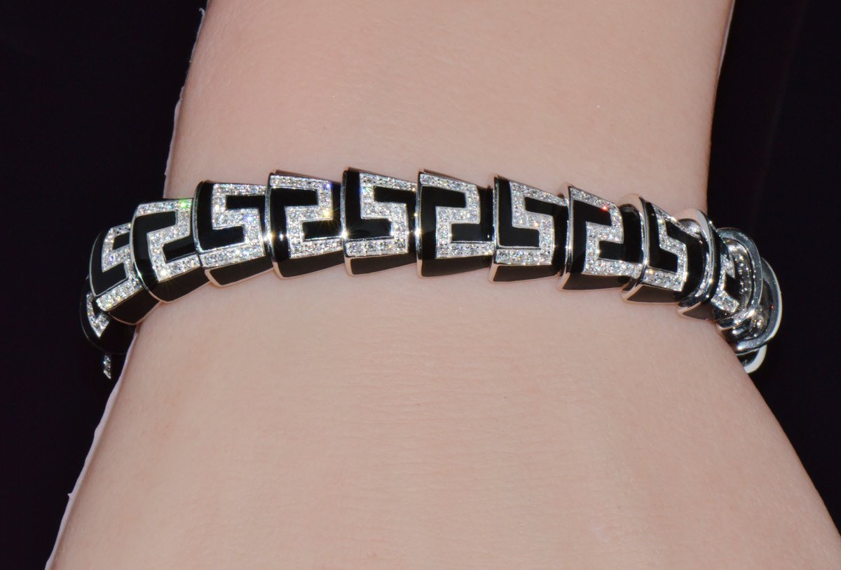 Rare Roberto Coin Cobra 1.78CT Diamond & Black Enamel Bracelet in Solid 18K White Gold