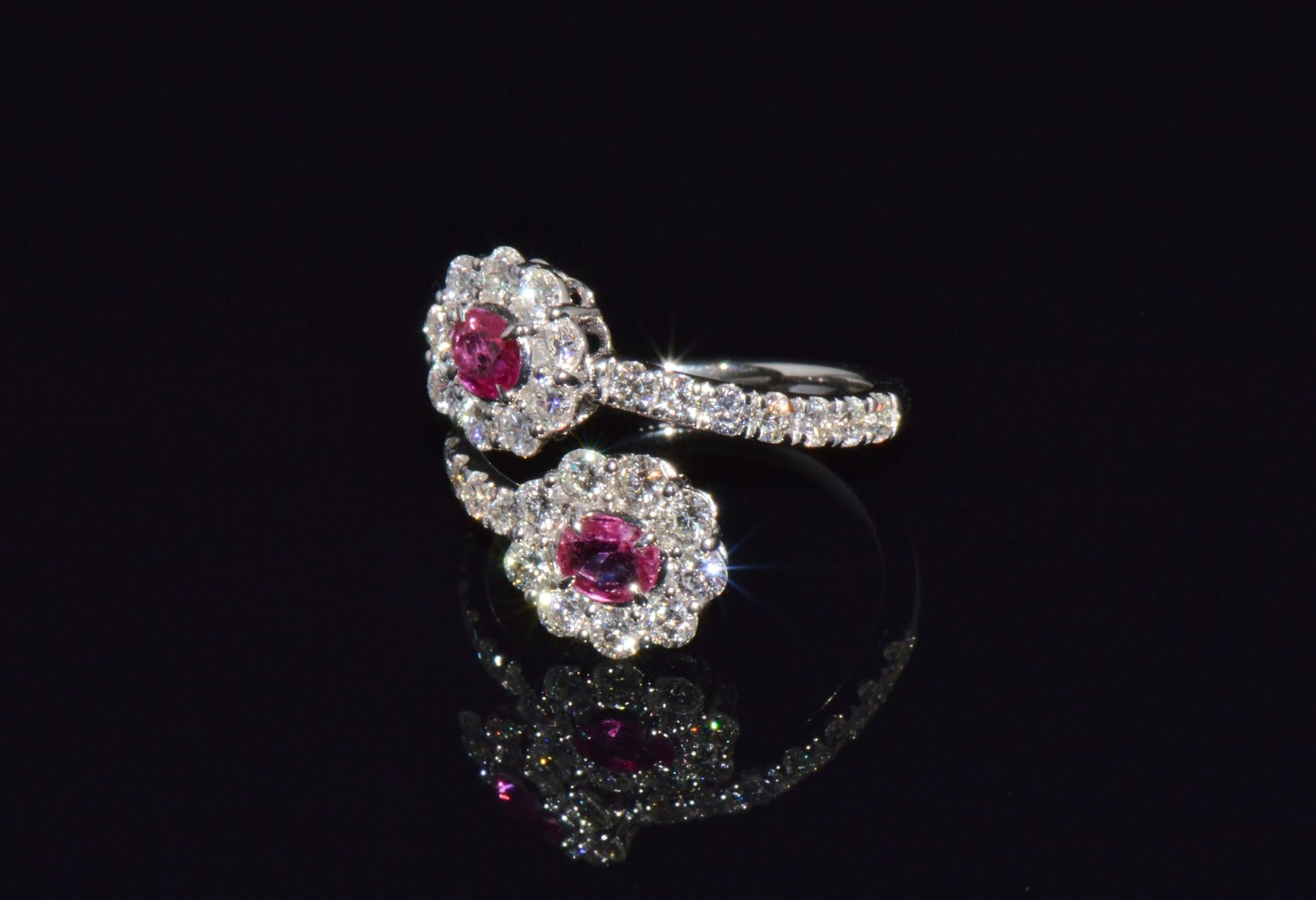 Certified Natural 2.08CTS Ruby Diamond Floral Bypass Halo Solid 18K White Gold Ring