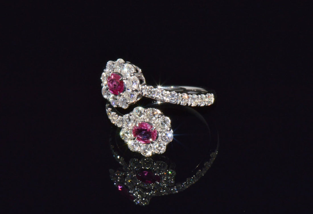 Certified Natural 2.08CTS Ruby Diamond Floral Bypass Halo Solid 18K White Gold Ring