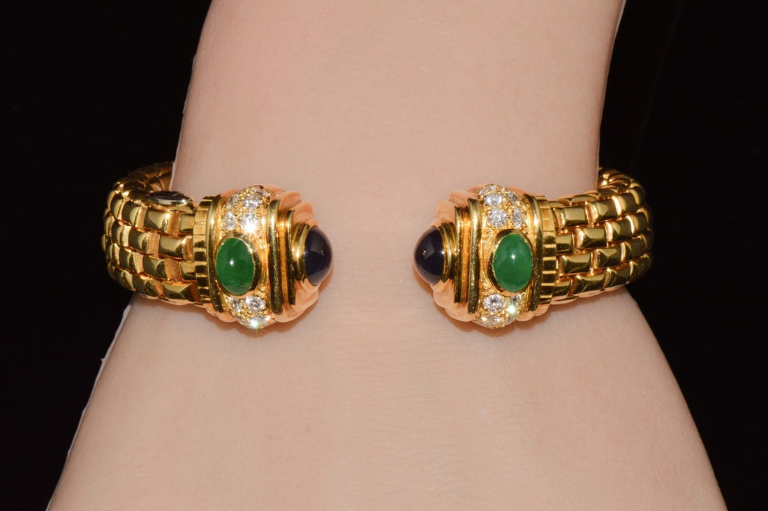 Vintage FOPE Flex’it Natural 5.20CT Diamond Sapphire Emerald 18K Gold Open Cuff Bracelet
