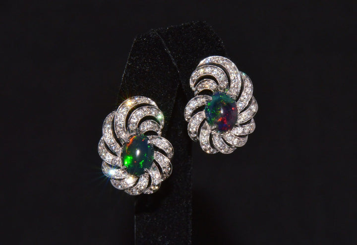 Certified Natural 3.45Cts VS F Diamond Black Opal 18K Solid Gold Cocktail Swirl Earrings