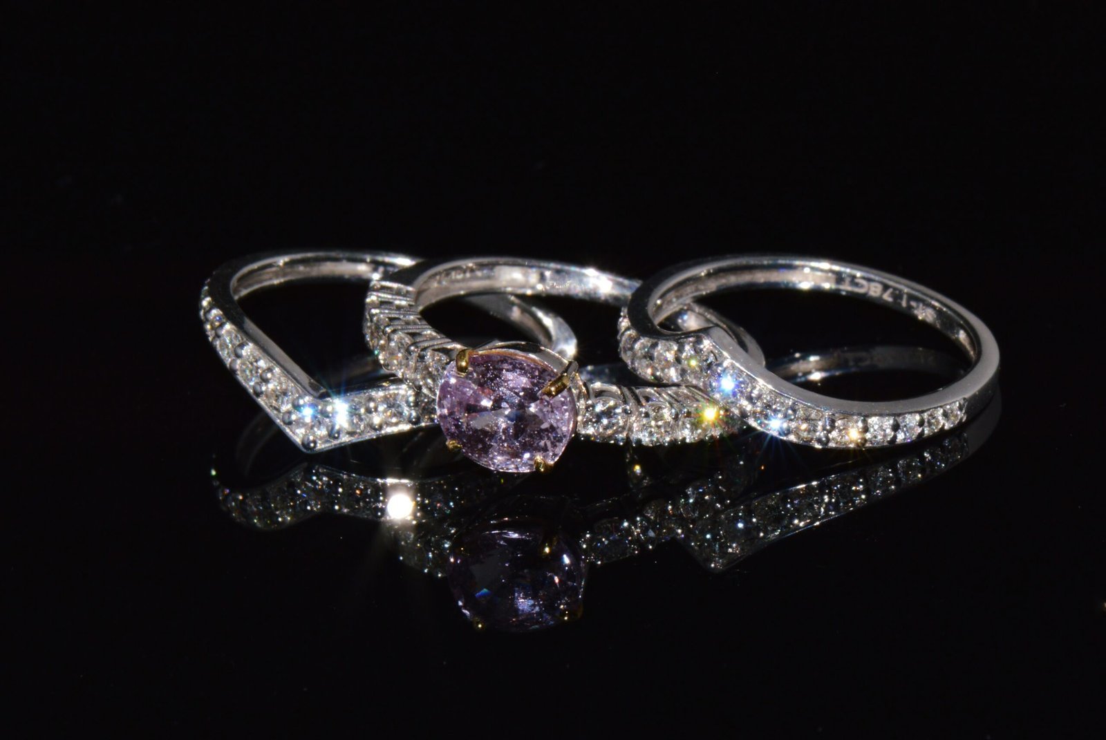 Set of Three GIA Natural 2.94CTS VS F Diamond Pink Purple Sapphire 18K Gold Stacking Rings