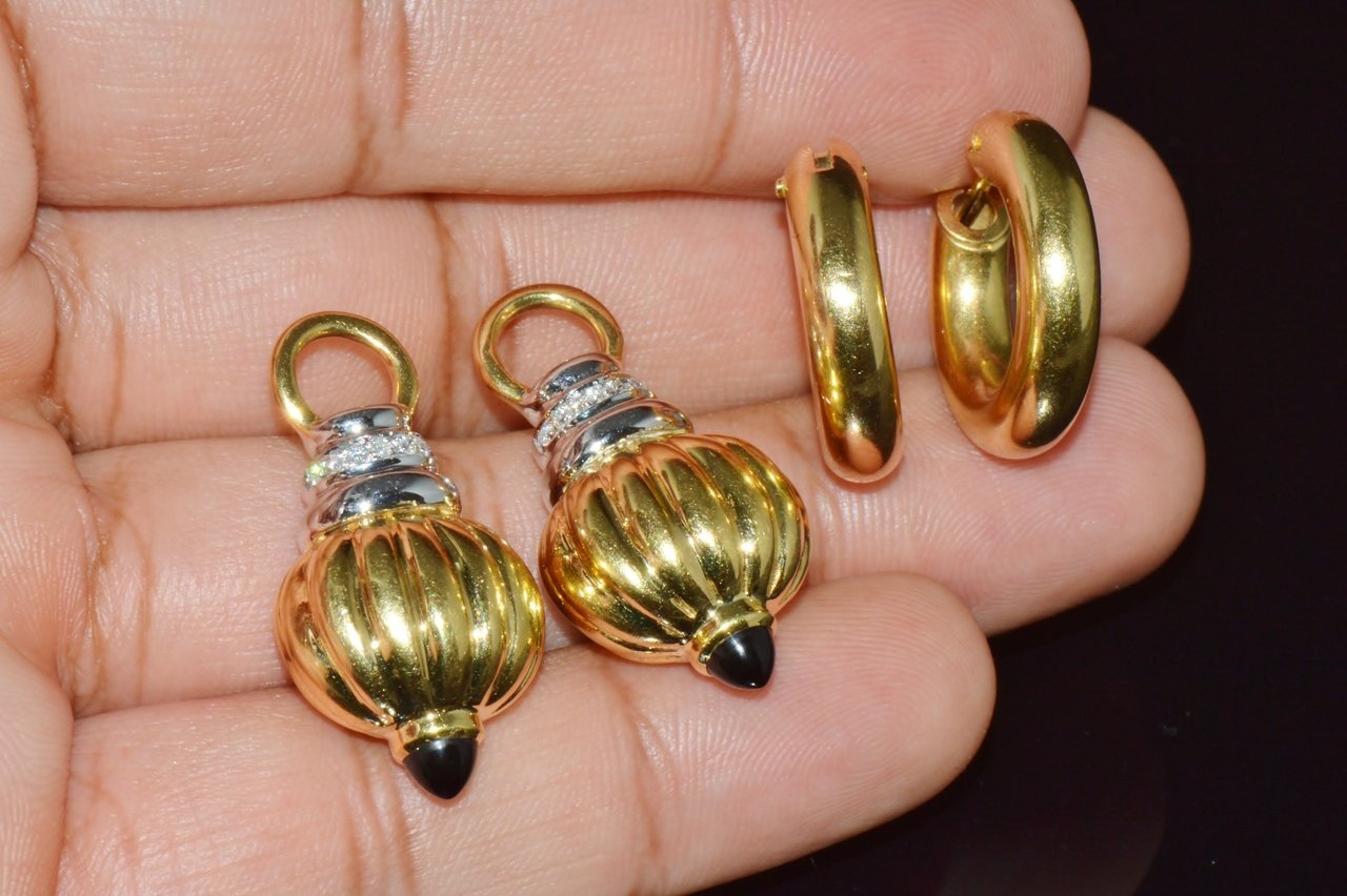 Vintage Italian Nuvola Oro Diamond Onyx 750 18K Gold 2-IN-1 Hoop Dangle Earrings