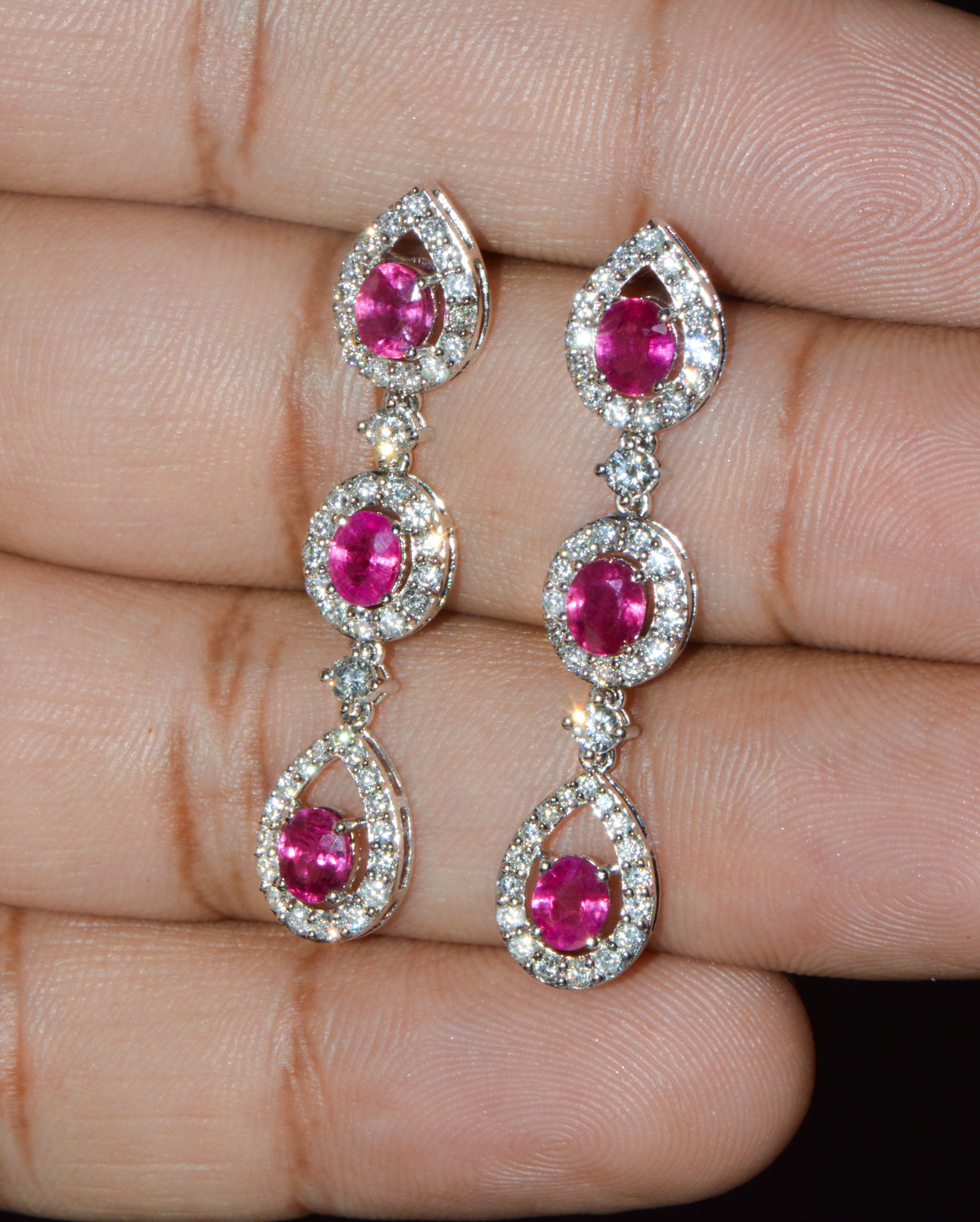 GIA 3.99CTW Natural Burma Ruby & Diamond 18K White Gold Dangle Earrings