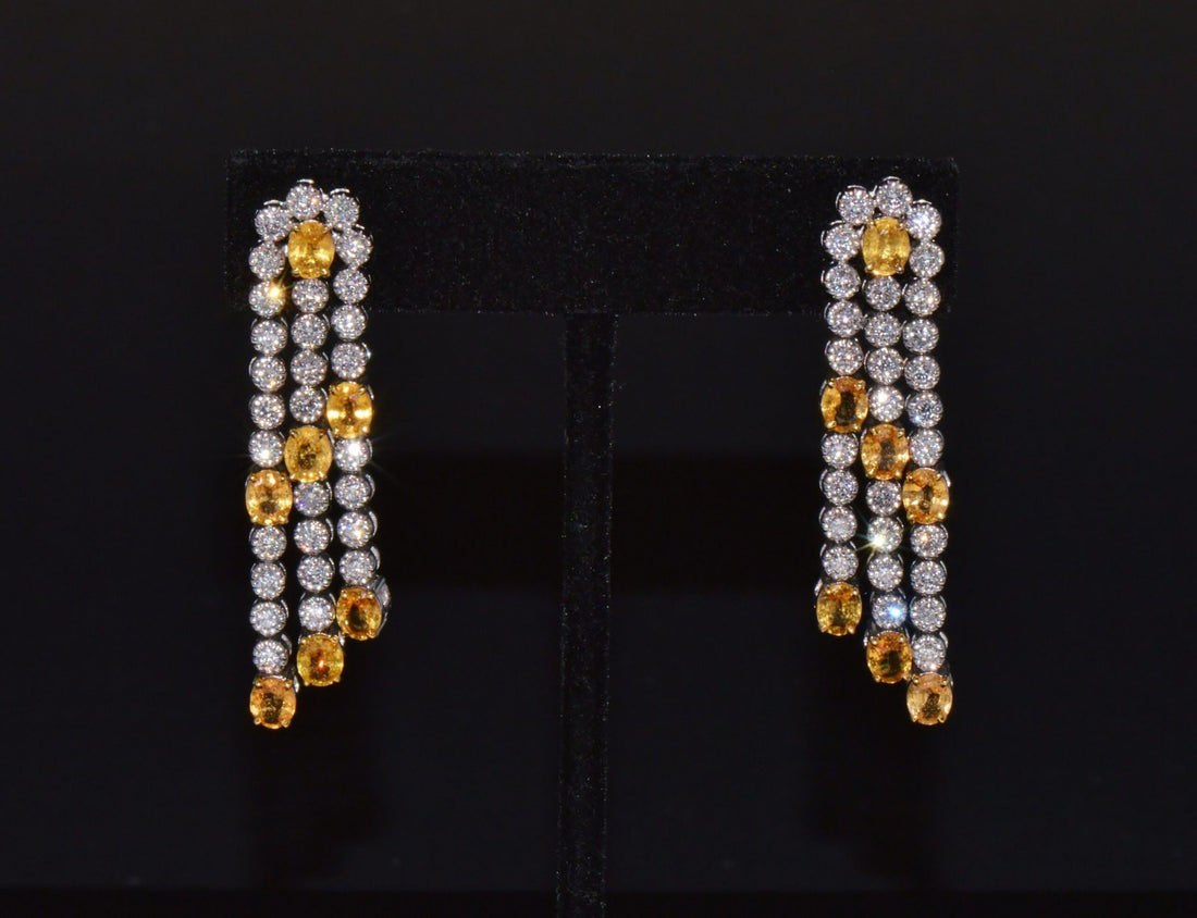 Certified Natural 8.96CTS VS F Diamond Yellow Sapphire 18K Solid Gold Dangle Earrings