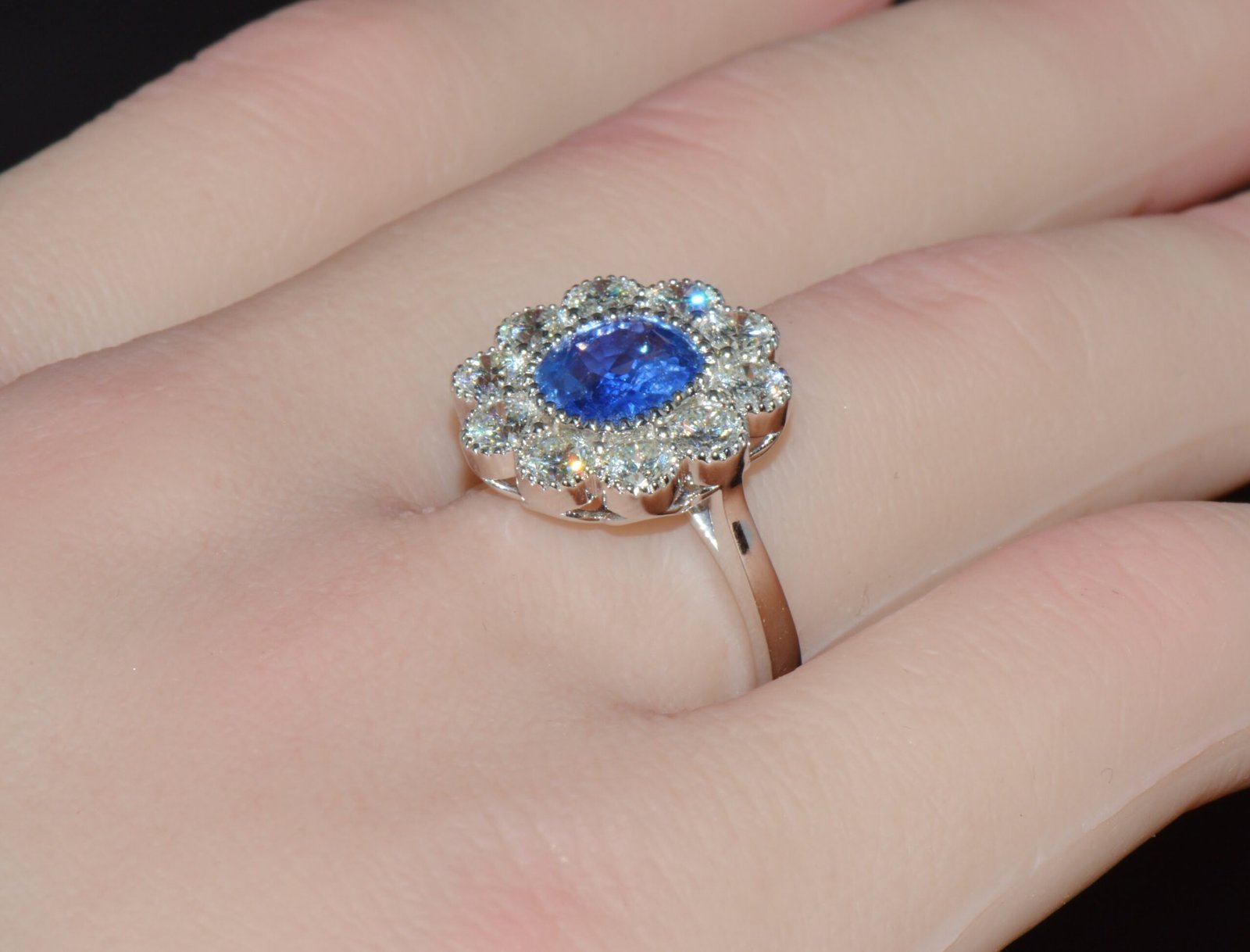 GIA Natural 3.78CTS VS F Diamond Royal Blue Sapphire 18K Gold Dinner Halo Ring