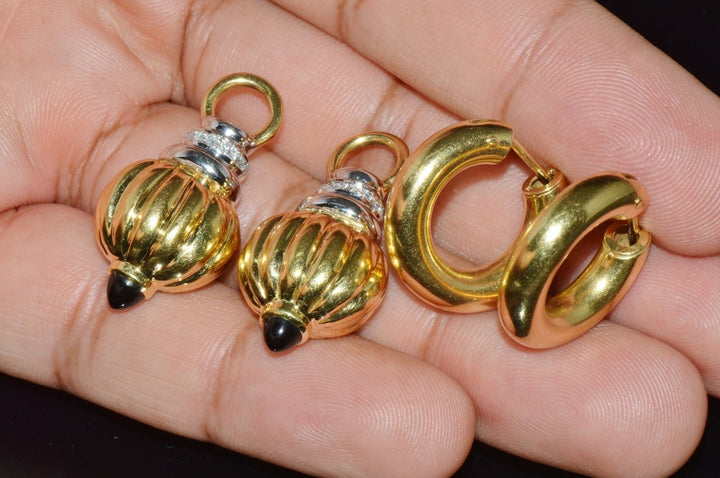 Vintage Italian Nuvola Oro Diamond Onyx 750 18K Gold 2-IN-1 Hoop Dangle Earrings