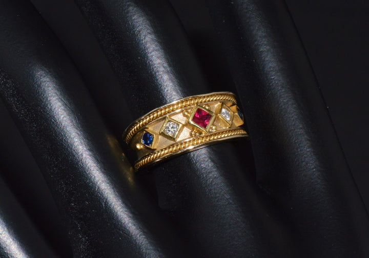 Gorgeous Natural Diamond Ruby Sapphire 18K 750 Solid Gold Byzantine Beaded Greek Ring Band