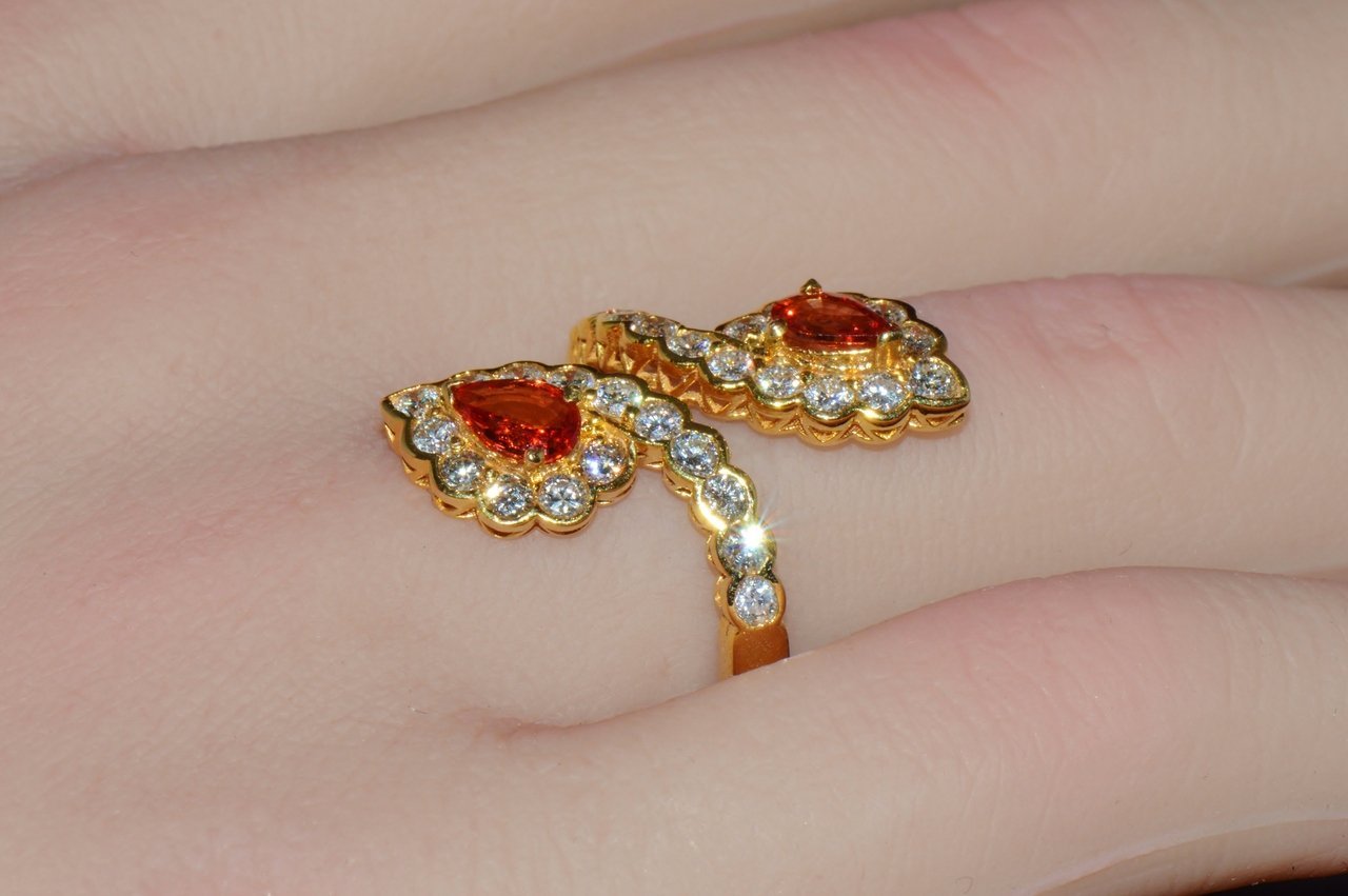 Certified Natural 2.15Cts VS F Diamond Orange Sapphire 18K Solid Gold Bypass Dinner Ring