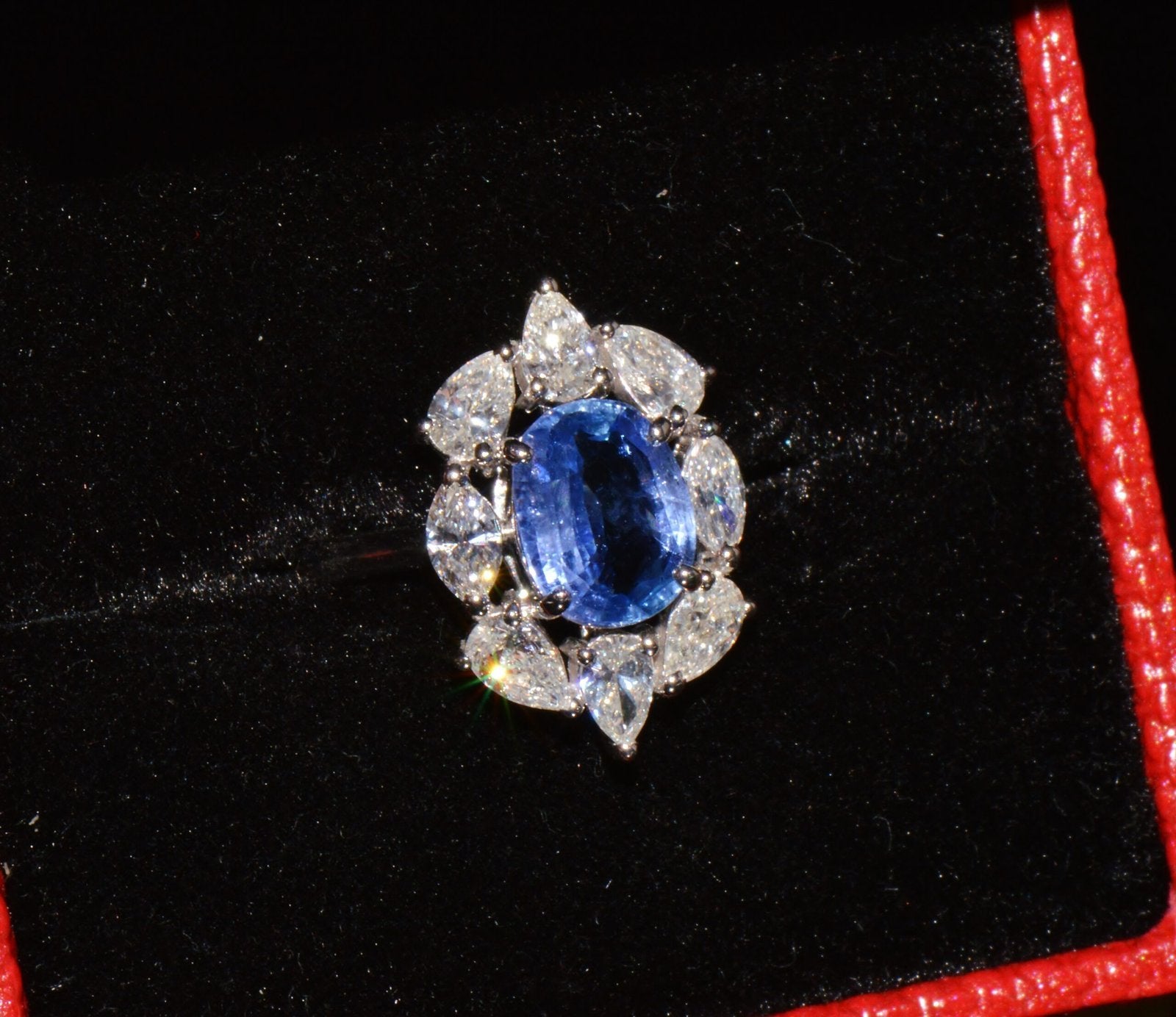 GIA Certified 3.29CT No-Heat Blue Sapphire & Diamond 18K Gold Halo Ring