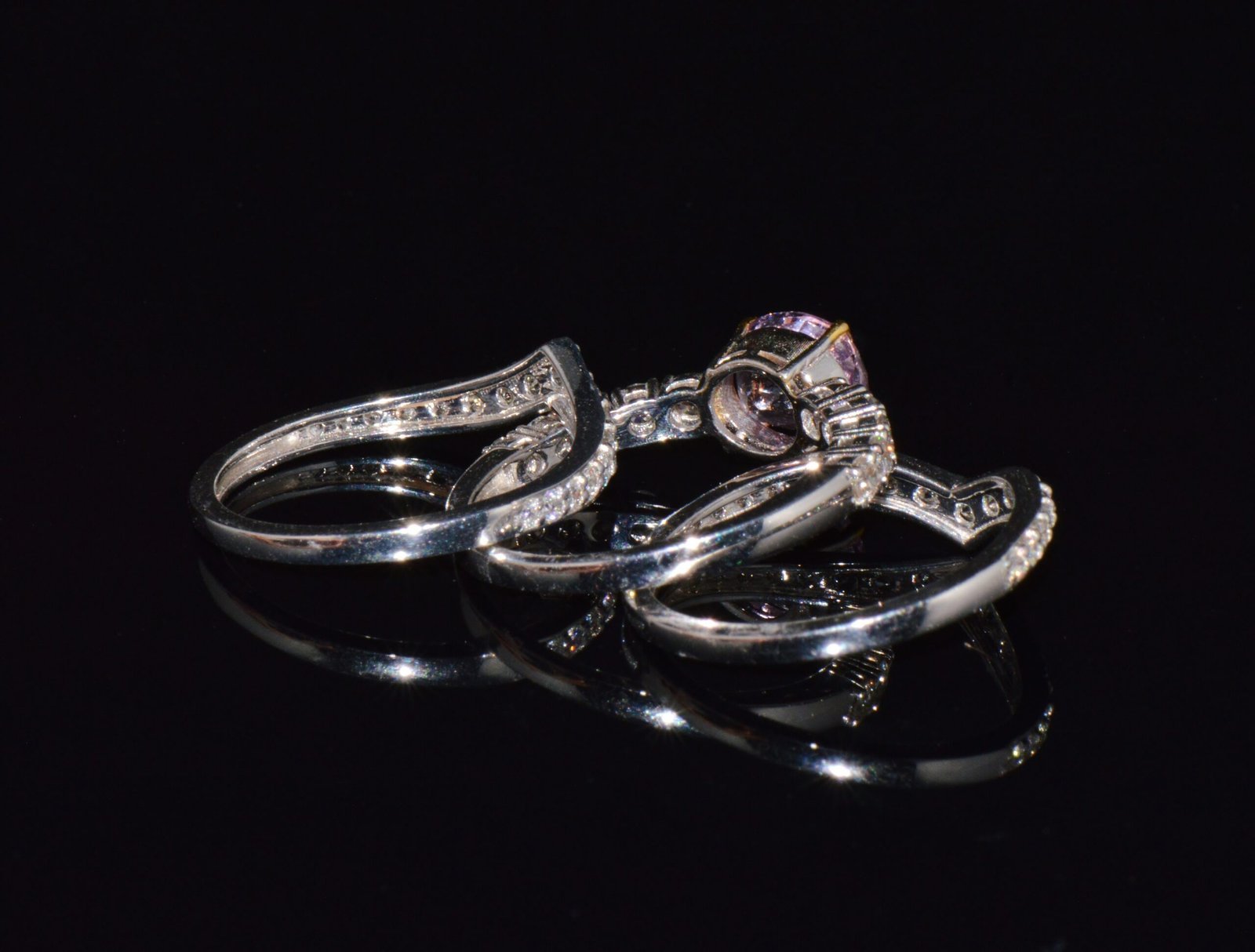 Set of Three GIA Natural 2.94CTS VS F Diamond Pink Purple Sapphire 18K Gold Stacking Rings