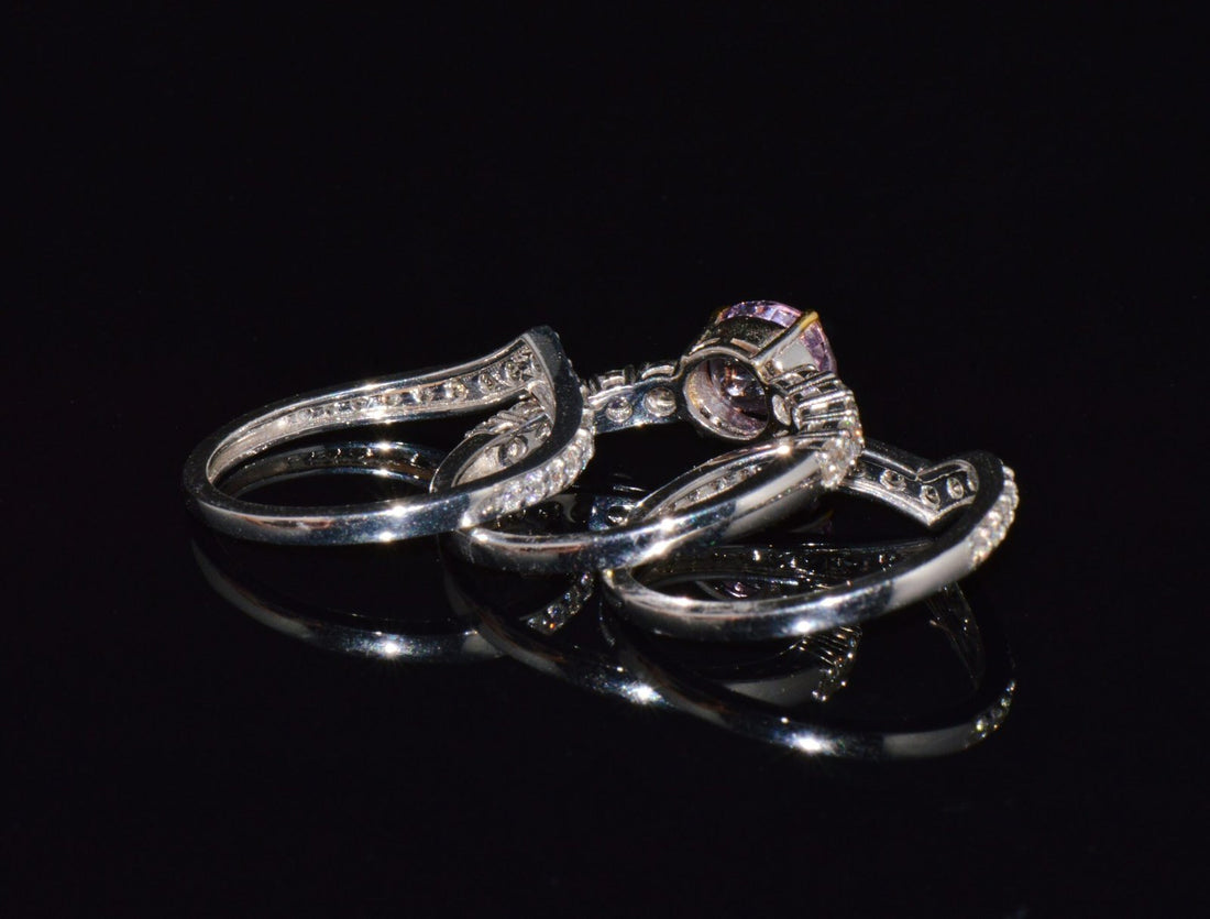 Set of Three GIA Natural 2.94CTS VS F Diamond Pink Purple Sapphire 18K Gold Stacking Rings