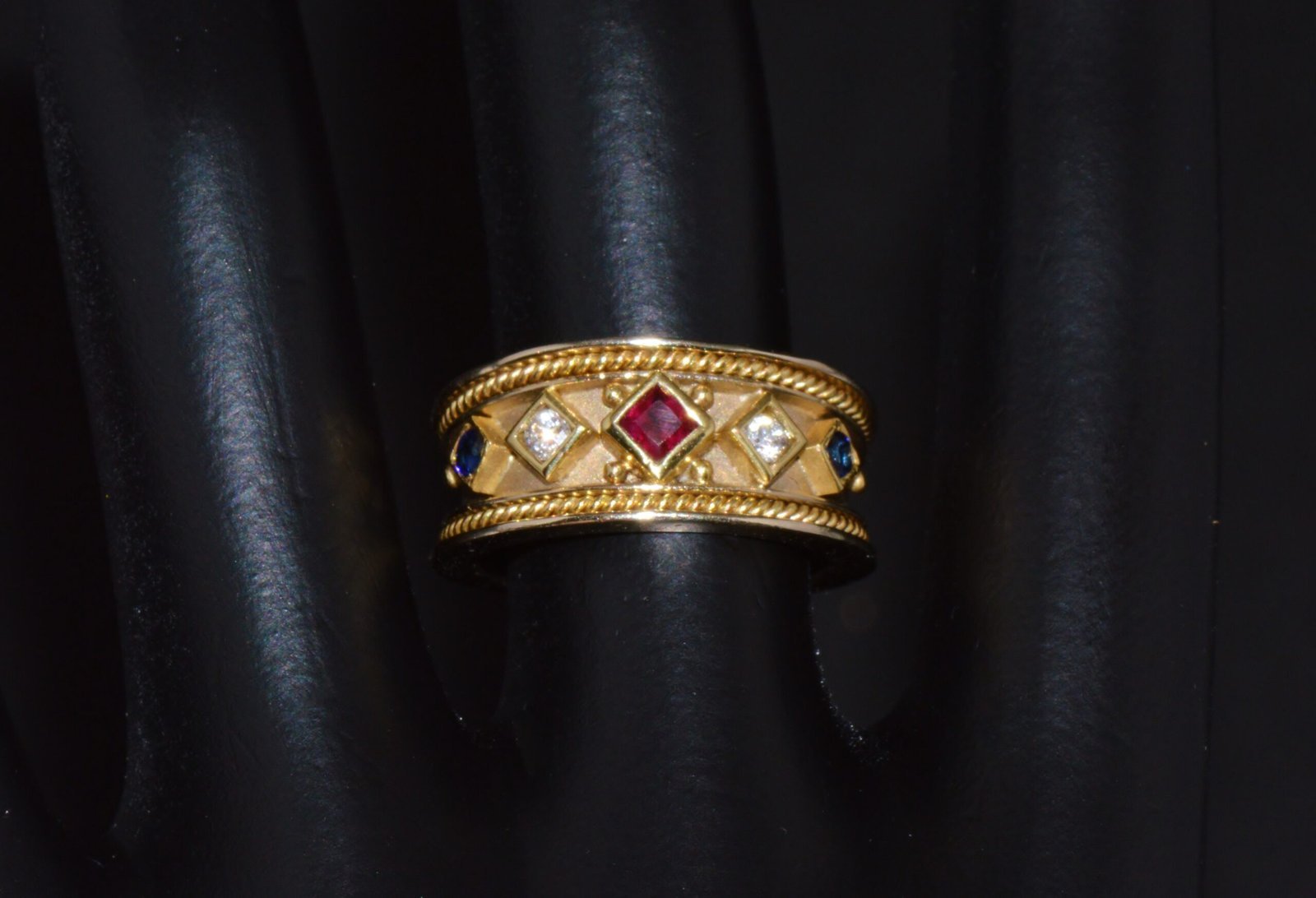 Gorgeous Natural Diamond Ruby Sapphire 18K 750 Solid Gold Byzantine Beaded Greek Ring Band