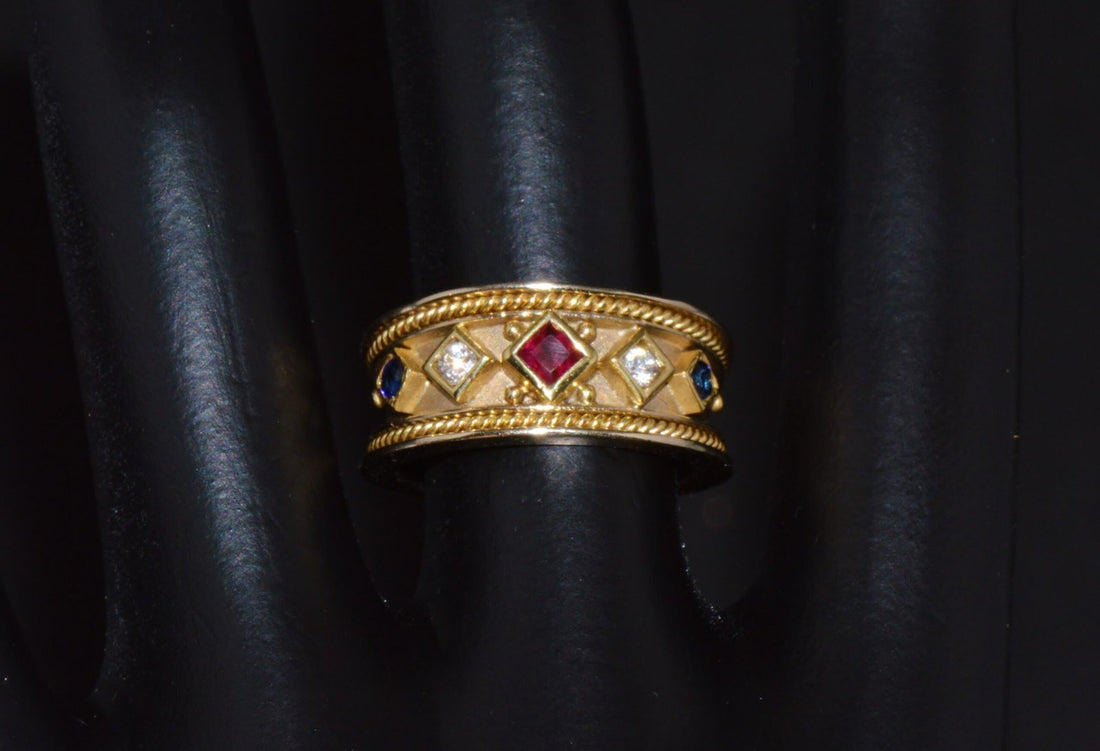 Gorgeous Natural Diamond Ruby Sapphire 18K 750 Solid Gold Byzantine Beaded Greek Ring Band
