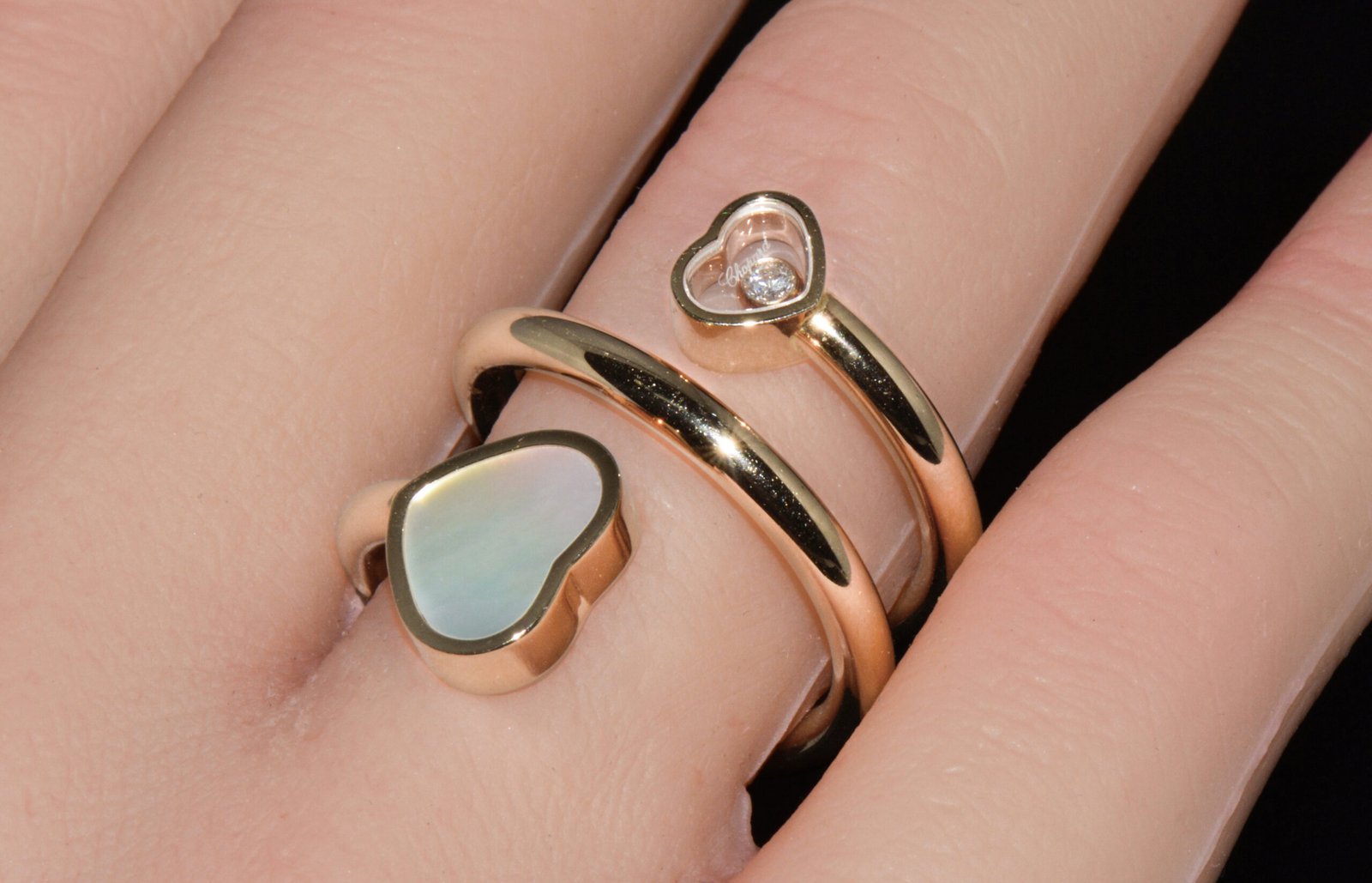 Authentic Chopard Happy Hearts Mother of Pearl & Floating Diamond Double Wrap Twist 18k Rose Gold Ring