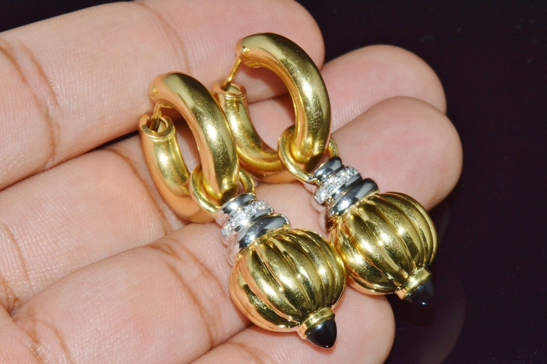Vintage Italian Nuvola Oro Diamond Onyx 750 18K Gold 2-IN-1 Hoop Dangle Earrings