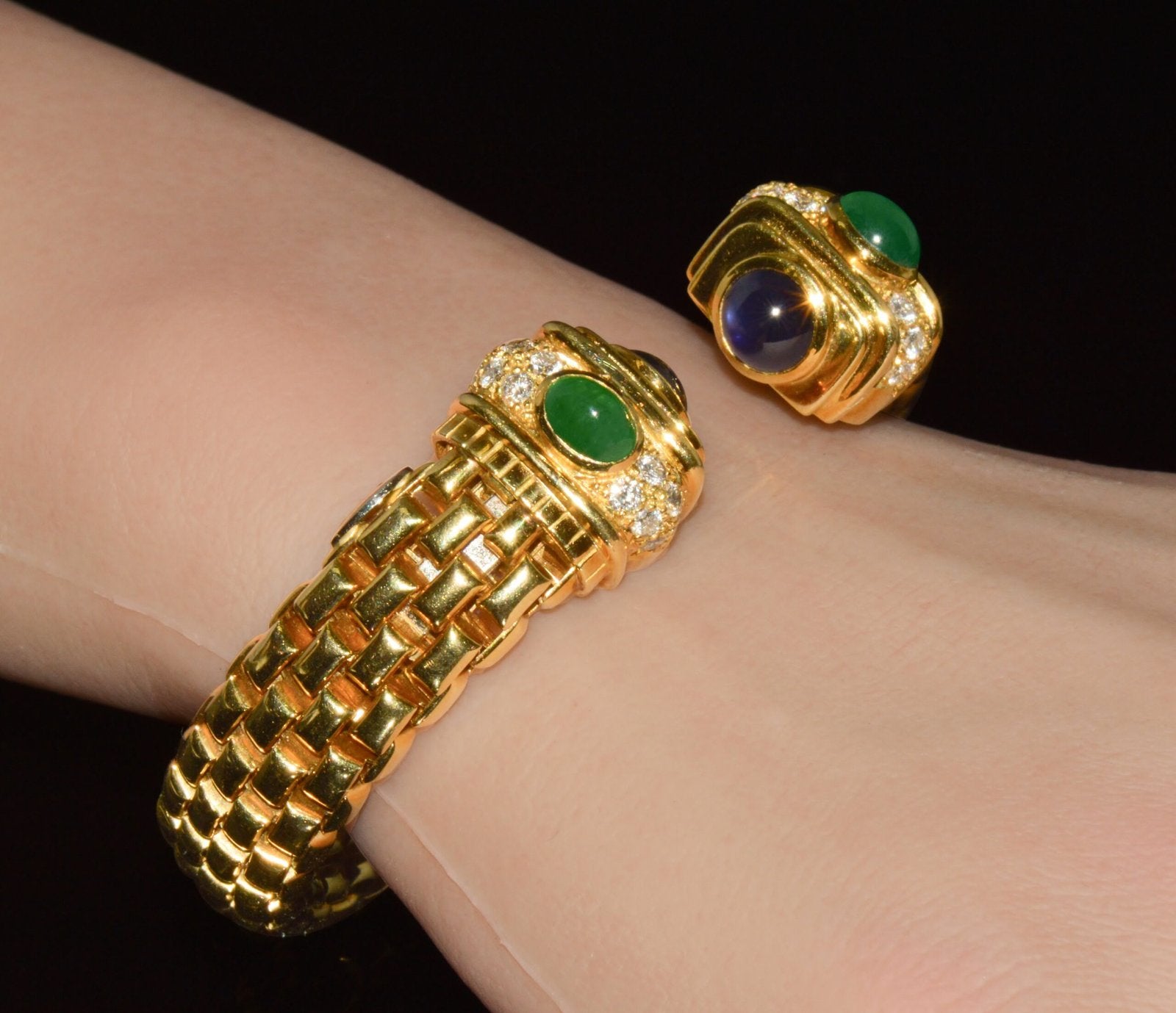Vintage FOPE Flex’it Natural 5.20CT Diamond Sapphire Emerald 18K Gold Open Cuff Bracelet