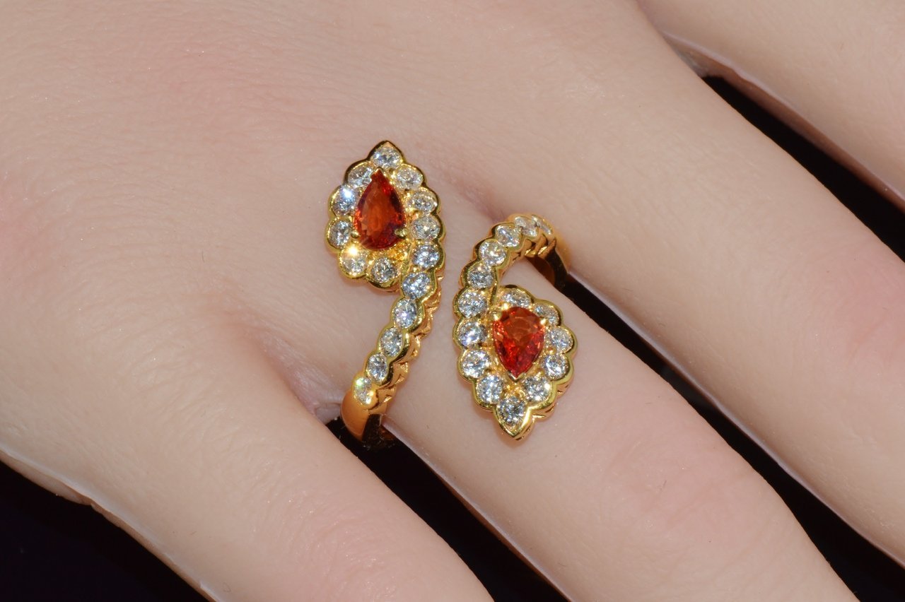 Certified Natural 2.15Cts VS F Diamond Orange Sapphire 18K Solid Gold Bypass Dinner Ring