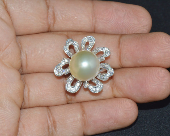 Certified Natural 0.88Cts VS F Diamond 14MM South Sea Pearl 18K Solid Gold Floral Ring