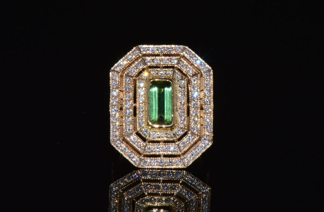 Certified Natural 2.82CTS VS F Diamond Green Tourmaline 750 18K Solid Gold Milgrain Cocktail Ring