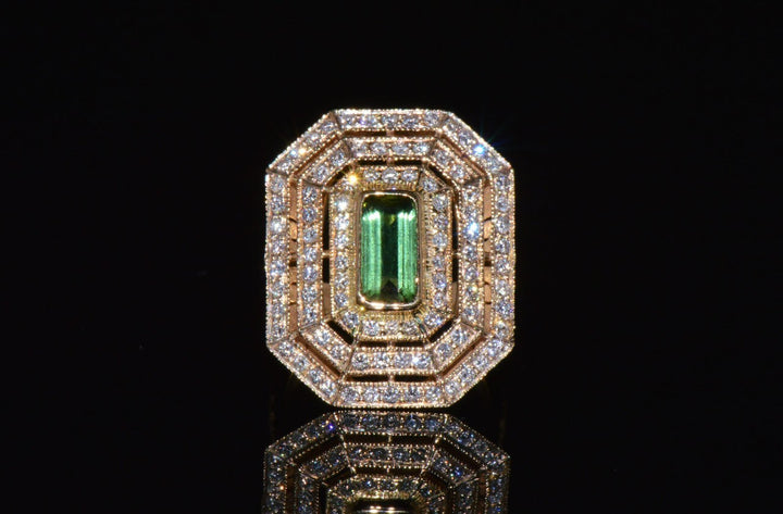 Certified Natural 2.82CTS VS F Diamond Green Tourmaline 750 18K Solid Gold Milgrain Cocktail Ring