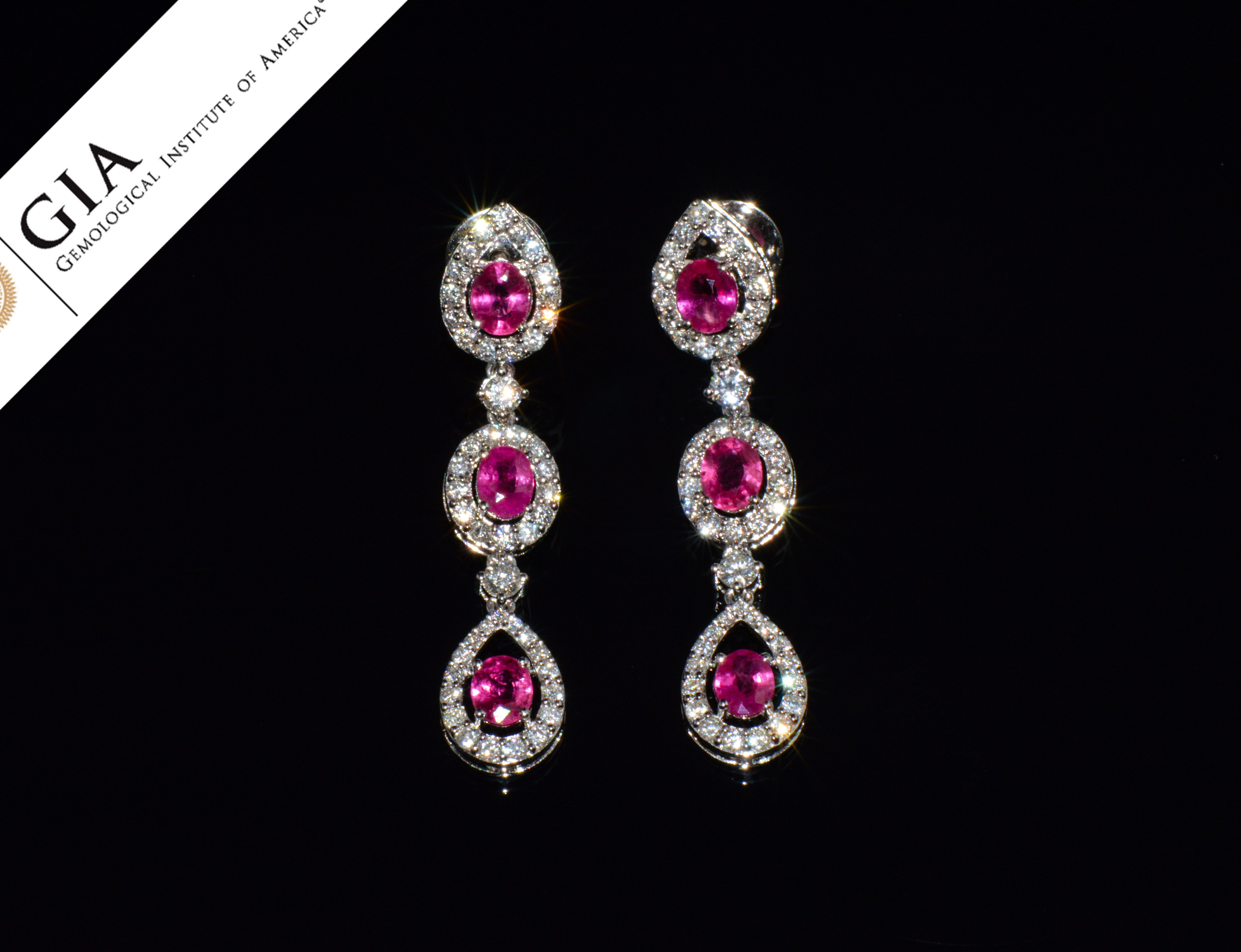GIA 3.99CTW Natural Burma Ruby & Diamond 18K White Gold Dangle Earrings
