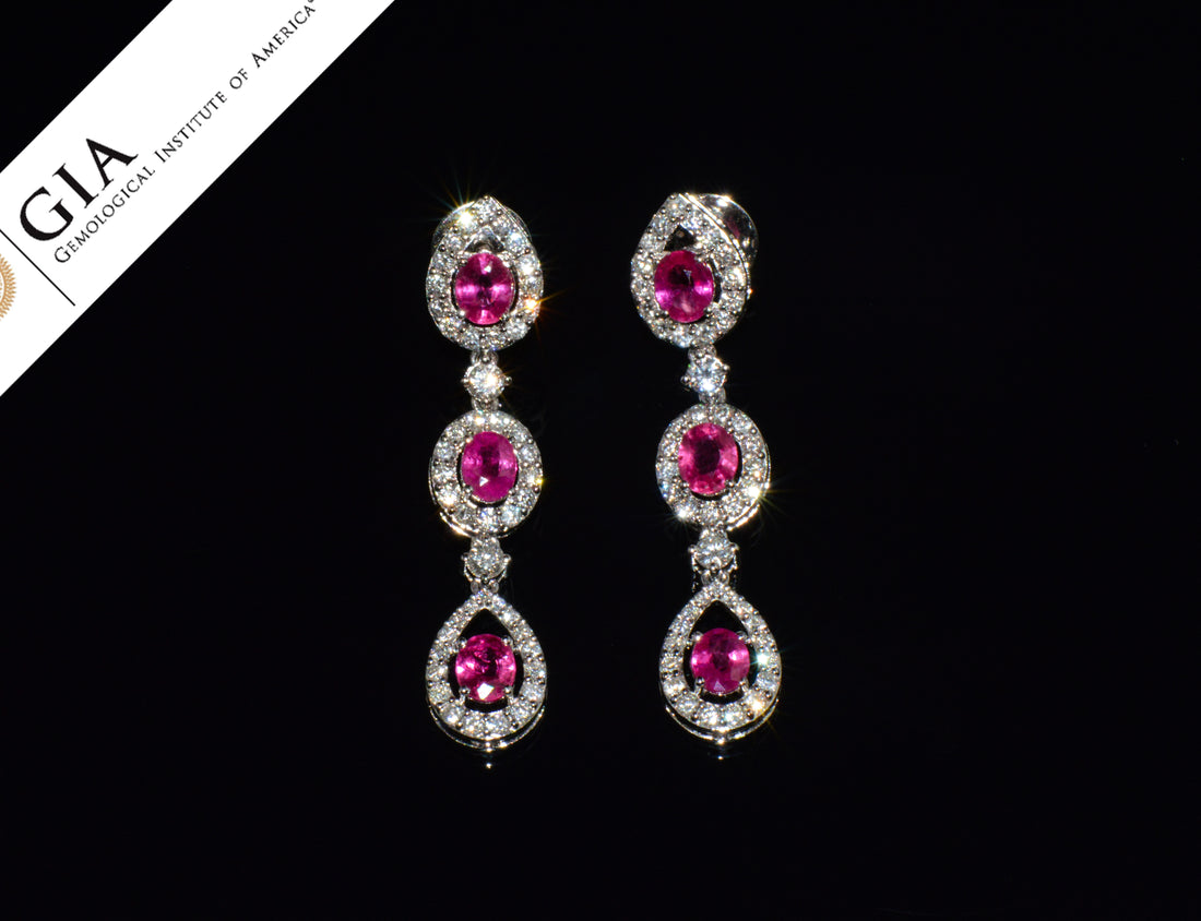 GIA 3.99CTW Natural Burma Ruby & Diamond 18K White Gold Dangle Earrings