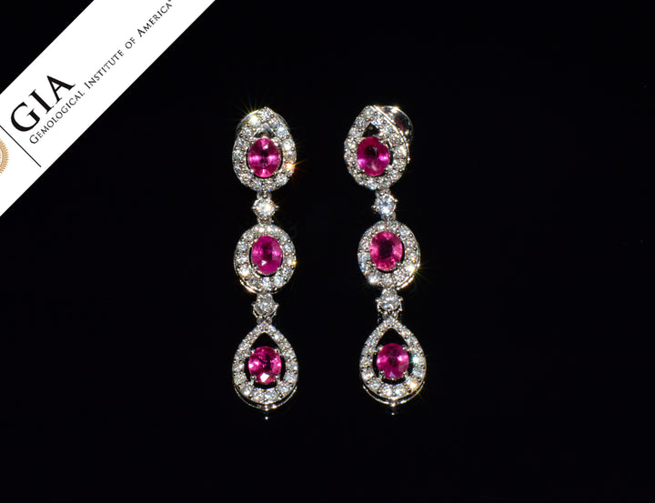 GIA 3.99CTW Natural Burma Ruby & Diamond 18K White Gold Dangle Earrings