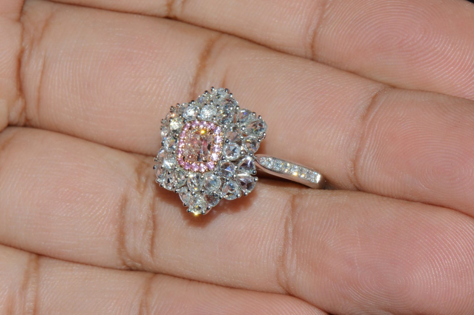 GIA Natural 1.55CTS VS Pink Diamond Sapphire 18K Gold Floral Halo 2-IN-1 Pendant Ring